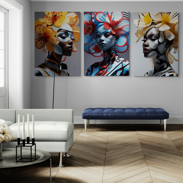 Tablou canvas, modern, portret femeie, cu flori, pentru living [1]