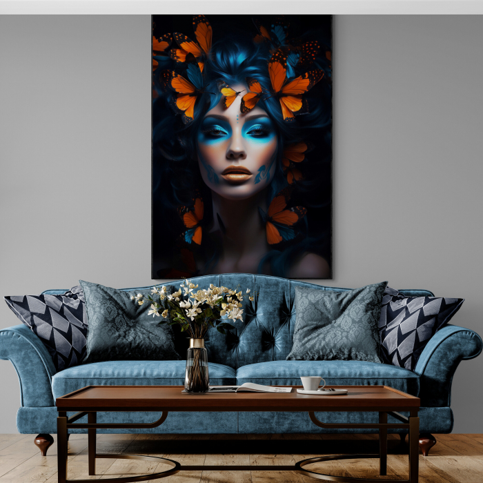 Tablou canvas, modern, portret femeie, cu fluturi colorati, pentru living [1]