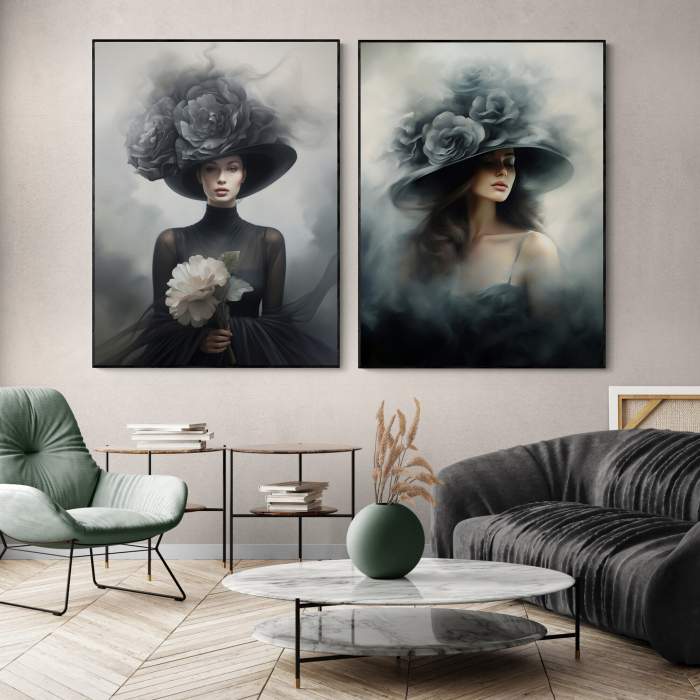 Tablou canvas, modern, portret femeie cu palarie, nuante de gri, negru, pentru hotel [1]