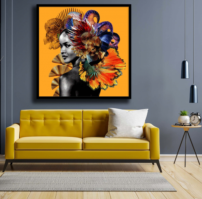 Tablou canvas, modern, portret femeie eleganta pe fundal galben, deosebit, pentru living [1]
