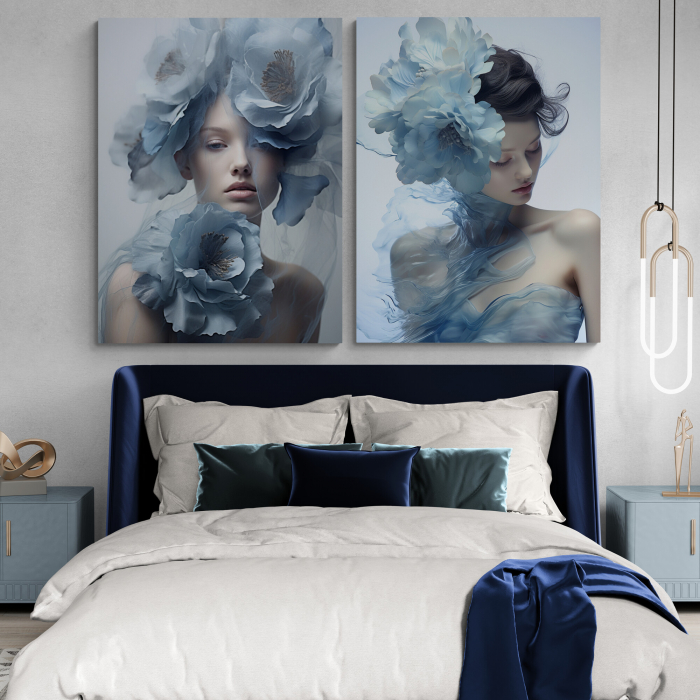 Tablou canvas, modern, portret femeie fashion, cu flori albastre, pentru dormitor [1]