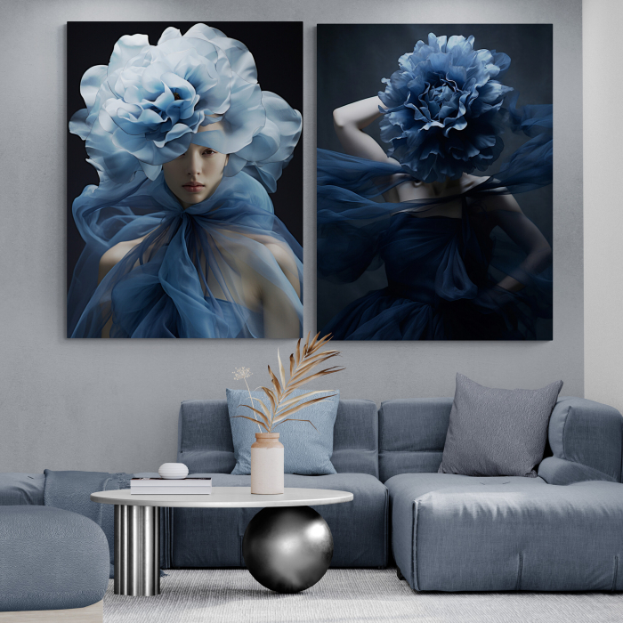 Tablou canvas, modern, portret femeie fashion, cu flori albastre, pentru living [1]