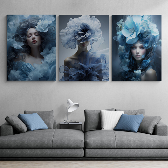 Tablou canvas, modern, portret femeie fashion, cu flori albastre, pentru salon [1]