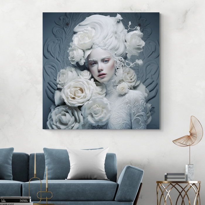 Tablou canvas, modern, portret femeie fashion, cu flori albe, pentru living [1]