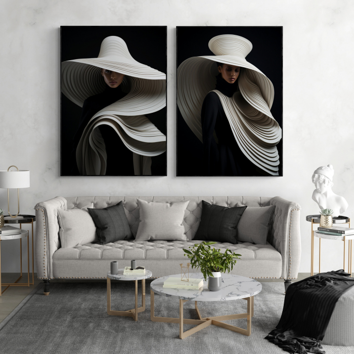 Tablou canvas, modern, portret femeie cu palarie fashion , elegant, alb negru, pentru living [1]