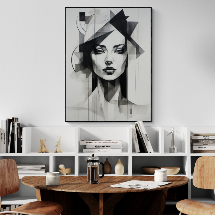 Tablou canvas, modern, portret femeie, geometric, in stil abstract, nuante de alb negru, pentru hotel [1]