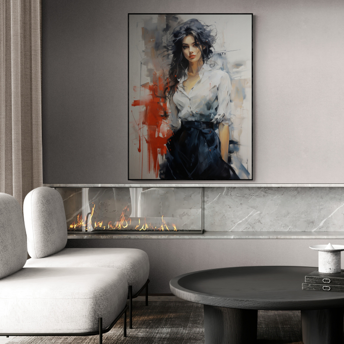 Tablou canvas, modern, portret femeie, geometric, in stil abstract, nuante de rosu, pentru hol [1]