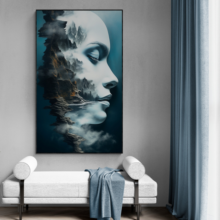 Tablou canvas, modern, portret femeie, in dubla expunere cu natura, in nuante de albastru, pentru dormitor [1]