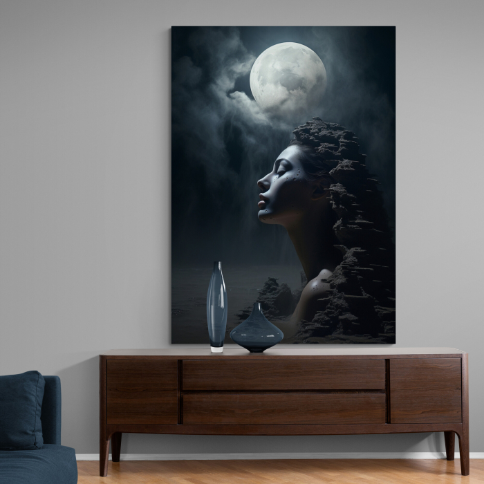 Tablou canvas, modern, portret femeie, in dubla expunere cu natura, in nuante de gri, pentru dormitor [1]