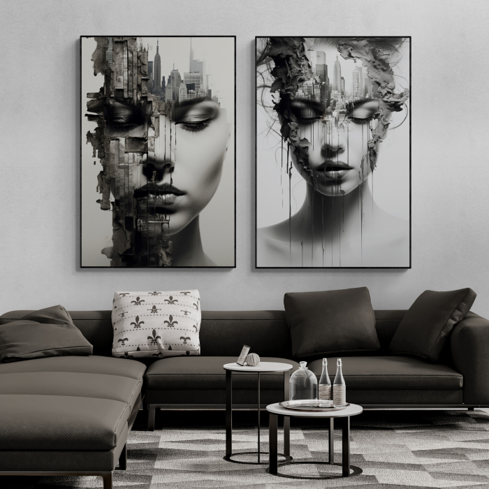 Tablou canvas, modern, portret femeie in dubla expunere cu oras, alb negru, pentru hotel [1]