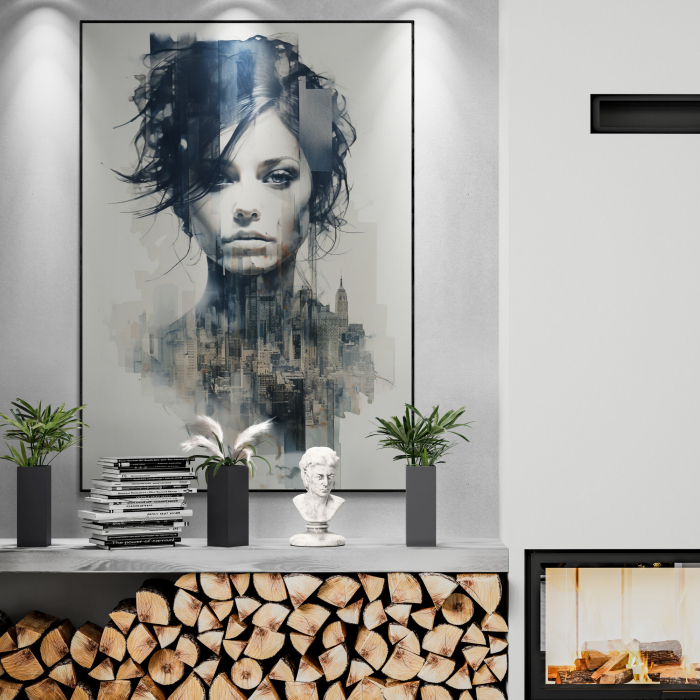 Tablou canvas, modern, portret femeie in dubla expunere cu oras, pentru living [1]
