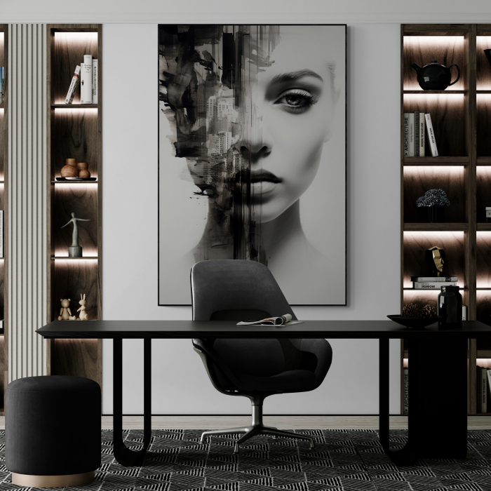 Tablou canvas, modern, portret femeie in dubla expunere, in nuante de alb negru, pentru birou [1]