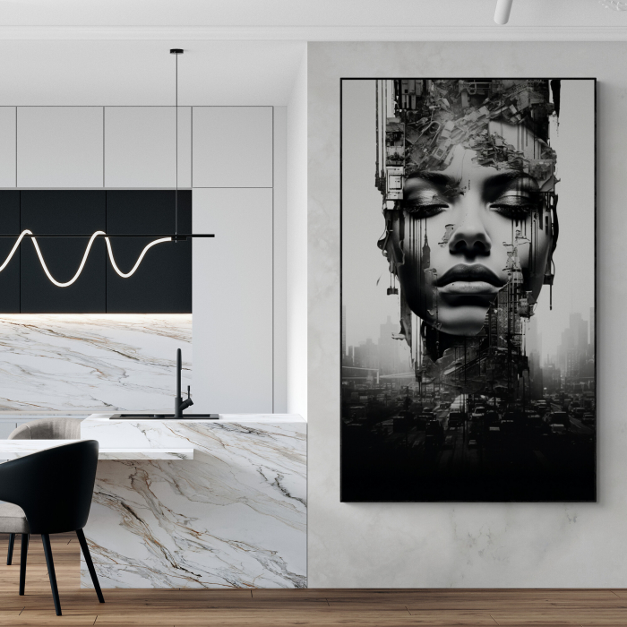 Tablou canvas, modern, portret femeie in dubla expunere, in nuante de alb negru, pentru cafenea [1]