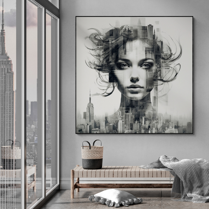 Tablou canvas, modern, portret femeie in dubla expunere, in nuante de alb negru, pentru hol [1]