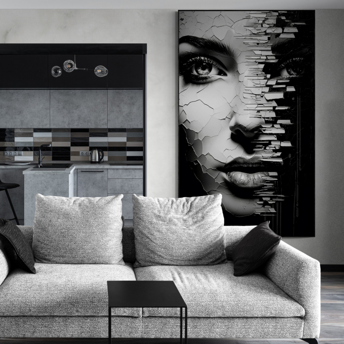 Tablou canvas, modern, portret femeie, in dubla expunere in nuante de negru, pentru living [1]