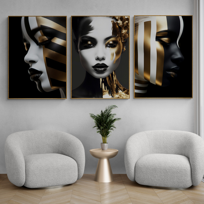 Tablou canvas, modern, portret femeie, in nuante de alb, negru, auriu, pentru hol [1]