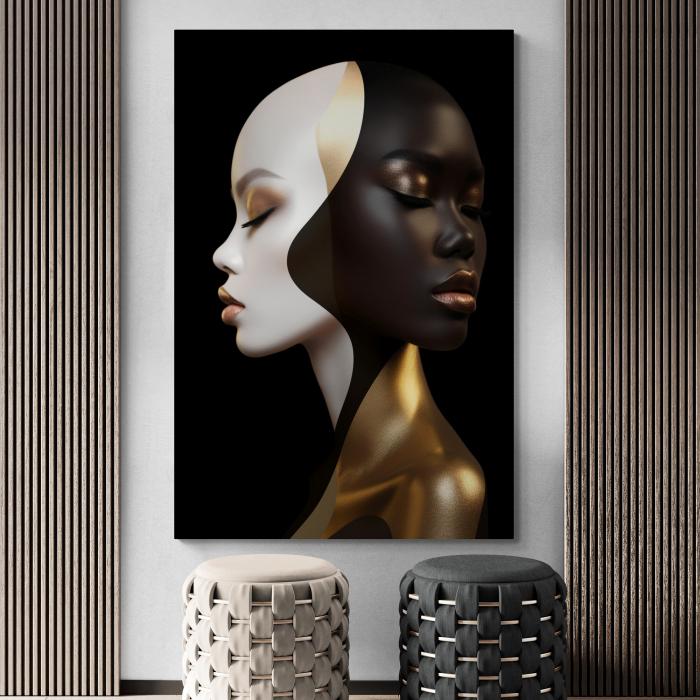 Tablou canvas, modern, portret femeie, in nuante de alb, negru, auriu, pentru salon [1]