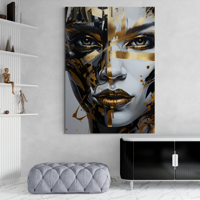 Tablou canvas, modern, portret femeie, in nuante de gri, auriu, pentru dormitor [1]