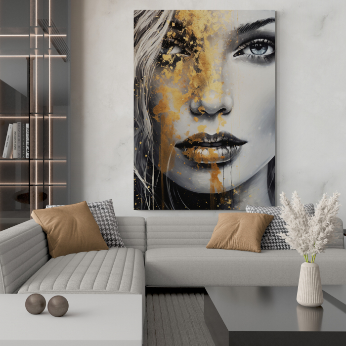 Tablou canvas, modern, portret femeie, in nuante de gri, auriu, pentru hotel [1]