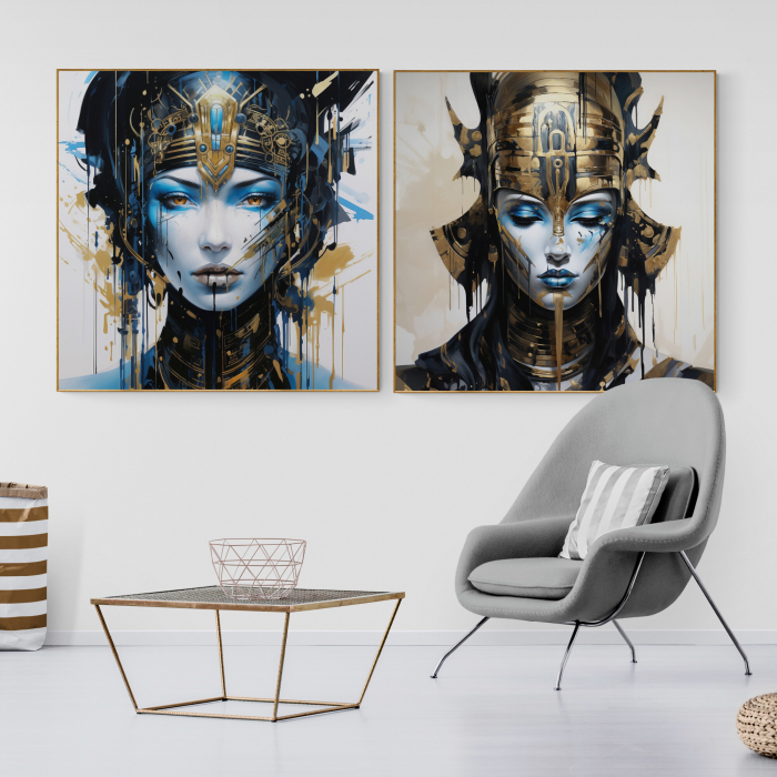 Tablou canvas, modern, portret femeie, in nuante gri, albastru, auriu, pentru birou [1]
