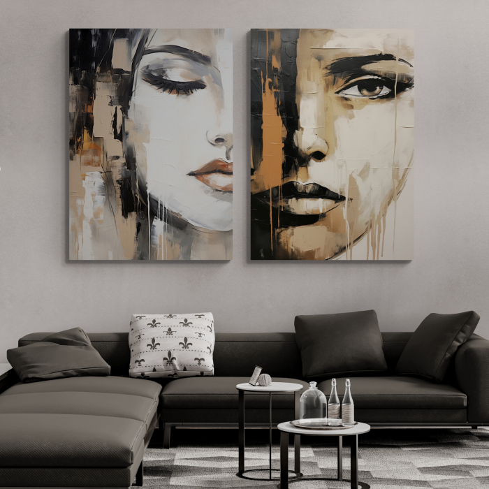 Tablou canvas, modern, portret femeie in stil abstract, crem pentru living [1]