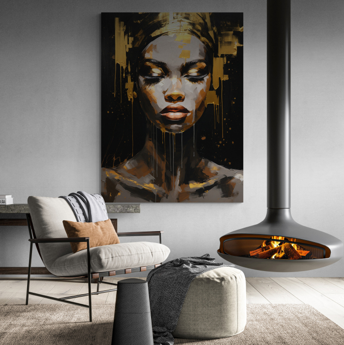 Tablou canvas, modern, portret femeie in stil abstract, nuante de negru, auriu, pentru cabana [1]