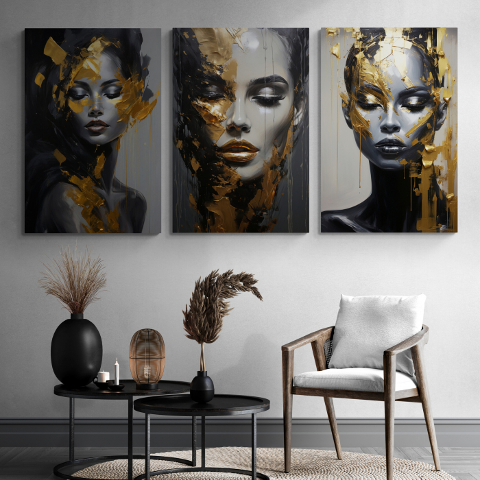 Tablou canvas, modern, portret femeie in stil abstract, nuante de gri, auriu, pentru hotel [1]