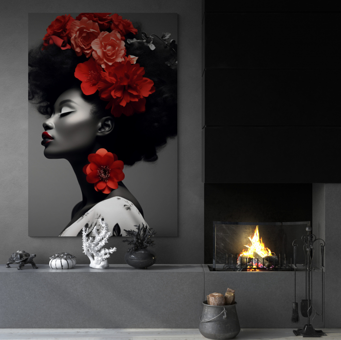 Tablou canvas, modern, portret femeie negresa, cu flori rosii, pentru living [1]