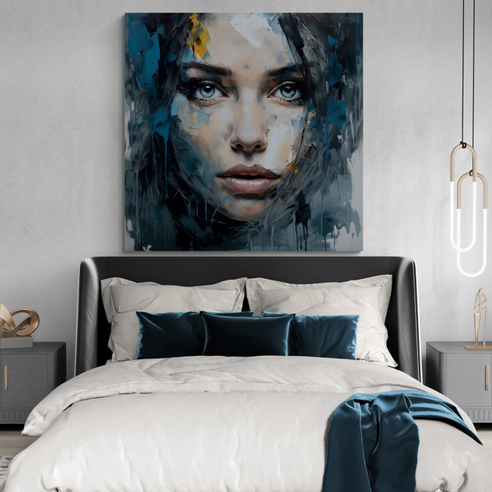 Tablou canvas, modern, portret femeie senzuala, abstract, in nuante de albastru, pentru dormitor [1]