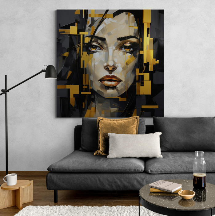 Tablou canvas, modern, portret femeie senzuala, abstract, in tonuri de crem, galben, gri pentru living [1]