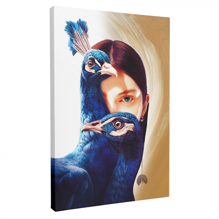 Tablou canvas, modern, portret femeie cu pauni, pentru dormitor, living elegant [3]