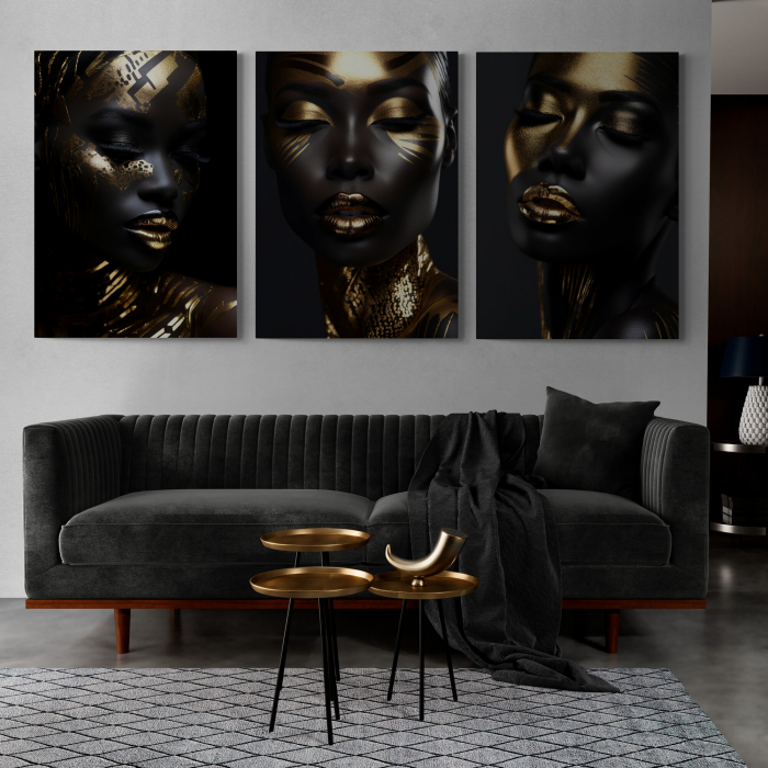 Tablou canvas, modern, portret femeie senzuala cu buze aurii, in nuante de negru, pentru birou [1]