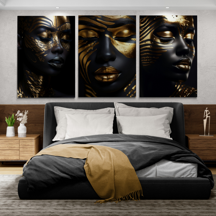 Tablou canvas, modern, portret negresa senzuala cu buze aurii, in nuante de negru, pentru dormitor [1]
