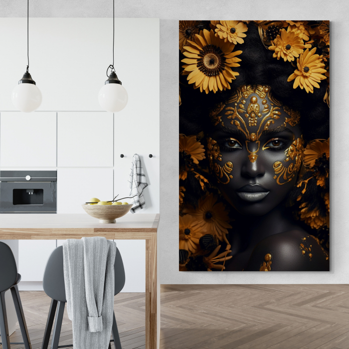 Tablou canvas, modern, portret femeie senzuala, cu flori galbene, penru bucatarie [1]