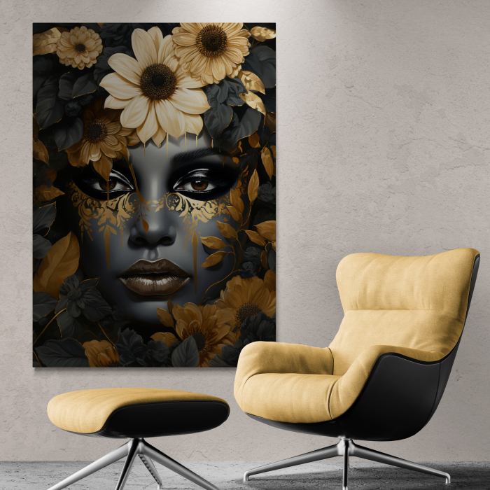 Tablou canvas, modern, portret femeie senzuala, cu flori, in nuante de gri, auriu, pentru hotel [1]