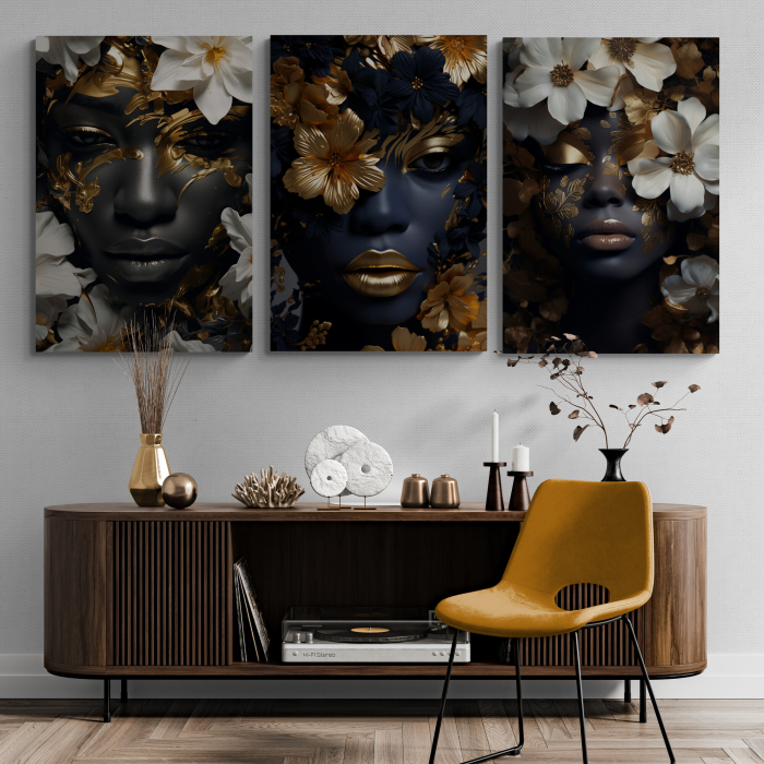 Tablou canvas, modern, portret femeie senzuala, cu flori, in nuante de negru, alb, auriu, pentru living [1]