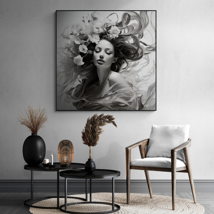 Tablou canvas, modern, portret femeie senzuala cu flori in par, in nuante de alb negru, pentru cafenea [1]