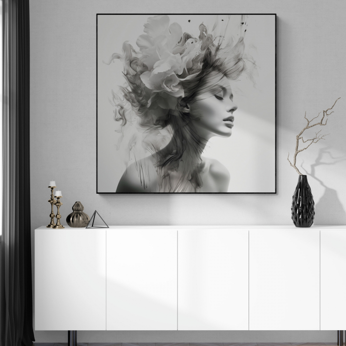 Tablou canvas, modern, portret femeie senzuala cu flori in par, in nuante de alb negru, pentru hol [1]