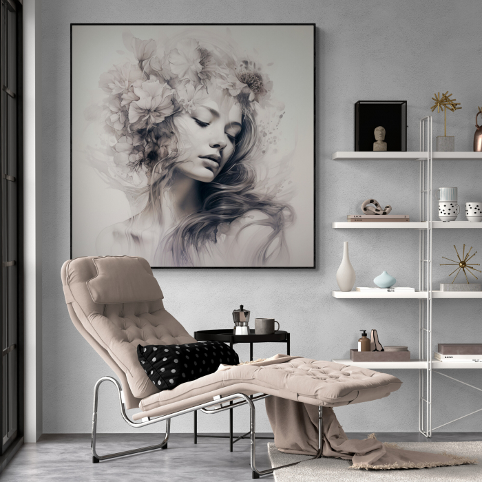 Tablou canvas, modern, portret femeie senzuala cu flori in par, pentru salon [1]