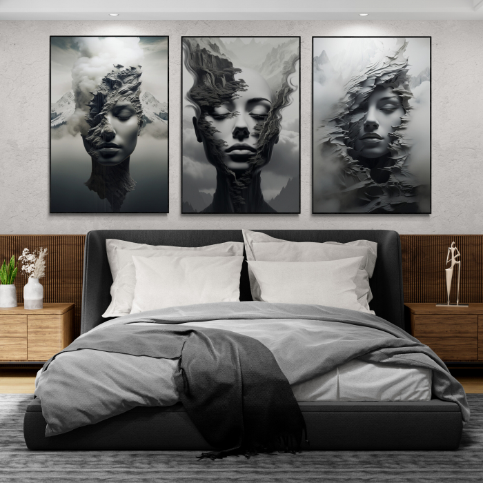 Tablou canvas, modern, portret femeie senzuala in dubla expunere cu munte, pentru dormitor [1]
