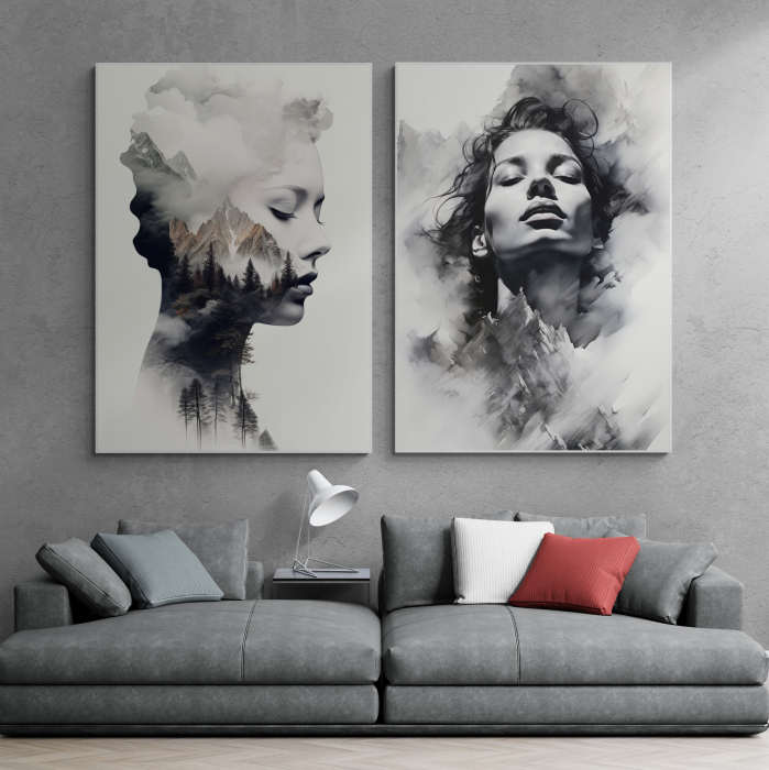 Tablou canvas, modern, portret femeie senzuala in dubla expunere cu natura, munte, pentru birou [1]