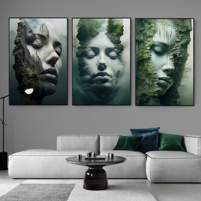 Tablou canvas, modern, portret femeie senzuala in dubla expunere cu natura, munte, pentru hotel [1]