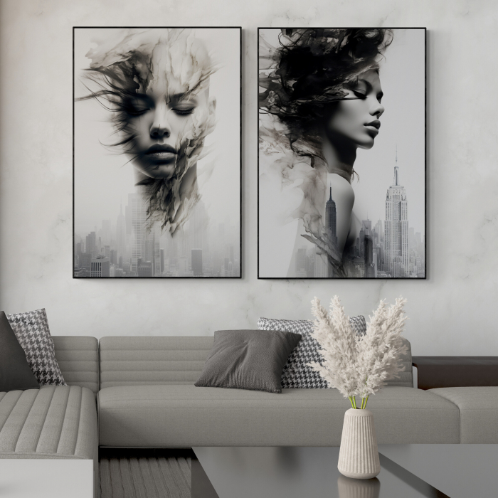 Tablou canvas, modern, portret femeie senzuala in dubla expunere cu oras, pentru living [1]