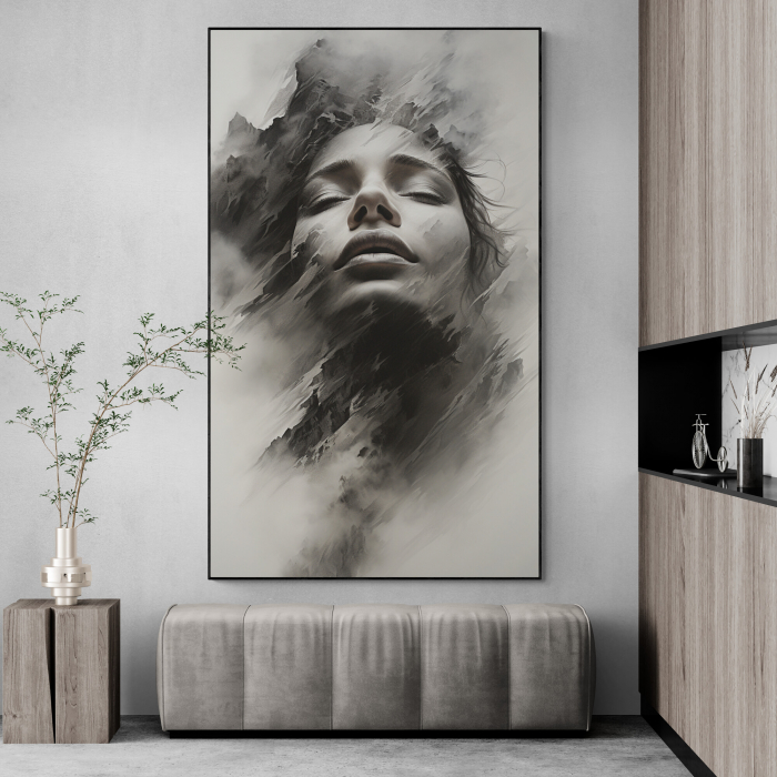 Tablou canvas, modern, portret femeie senzuala, in dubla expunere, nuante de gri, pentru hotel [1]