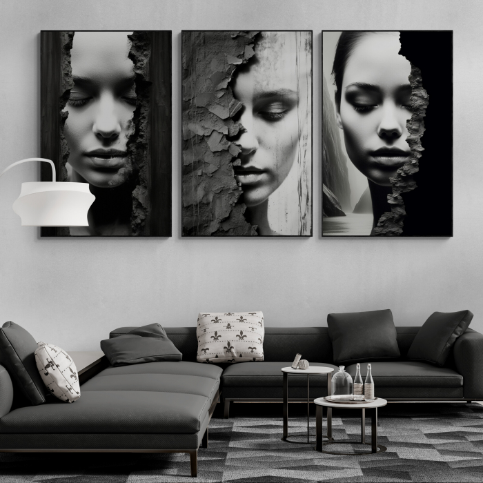 Tablou canvas, modern, portret femeie senzuala in dubla expunere, alb negru, pentru hotel [1]