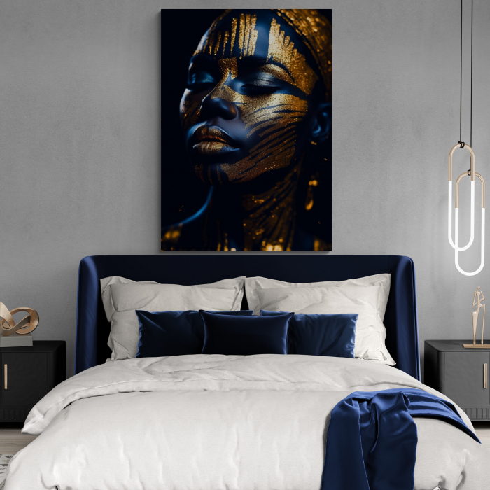 Tablou canvas, modern, portret femeie senzuala, in nuante de albastru, auriu, pentru dormitor [1]