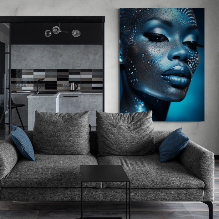 Tablou canvas, modern, portret femeie senzuala, in nuante de albastru, gri, pentru living [1]