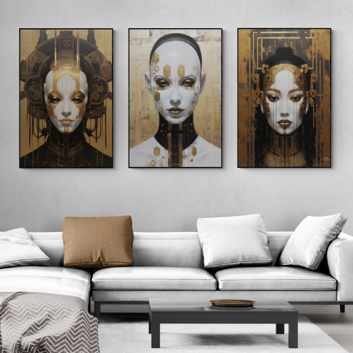 Tablou canvas, modern, portret femeie senzuala, in nuante de auriu, penru living [1]