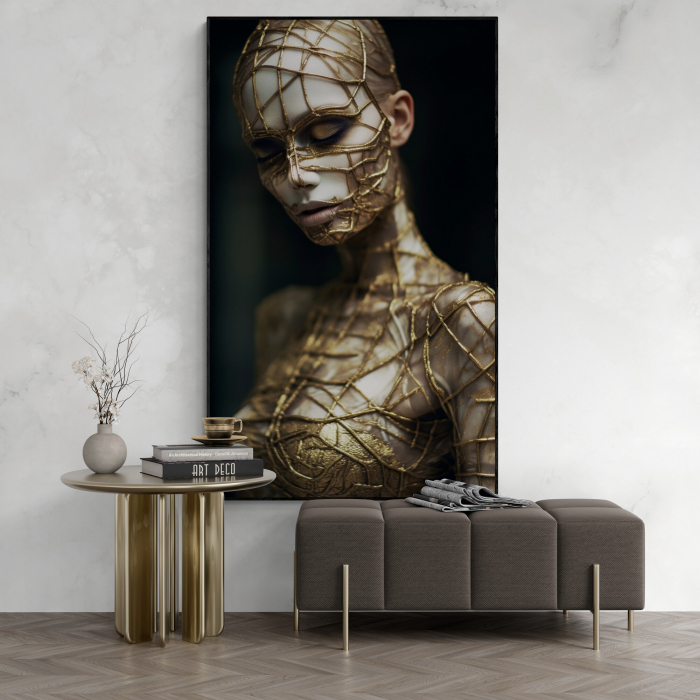 Tablou canvas, modern, portret femeie senzuala, in nuante de gri, auriu, pentru hotel [1]