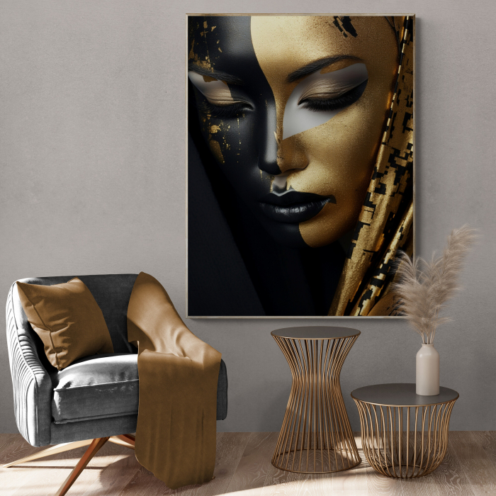 Tablou canvas, modern, portret femeie senzuala, in nuante de negru, auriu, pentru hotel [1]